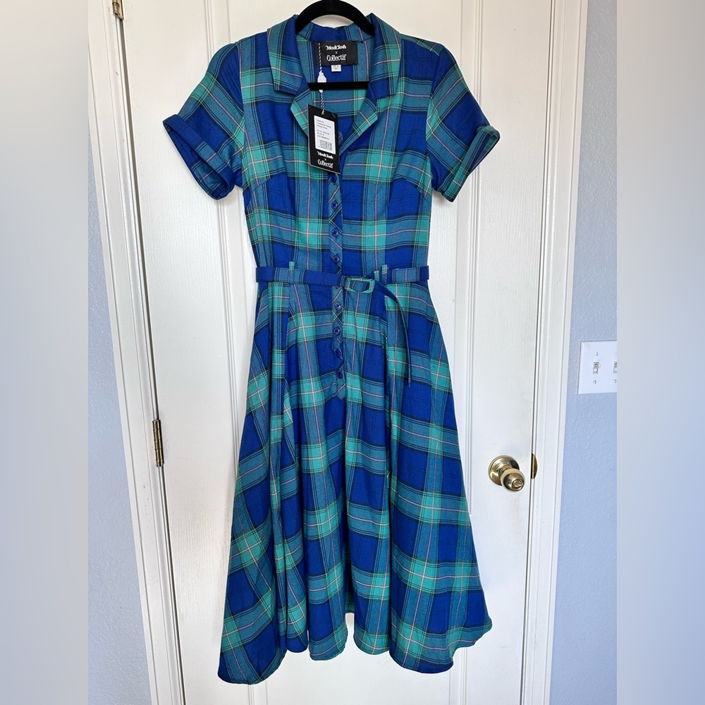 50’s style swing green plaid dress.